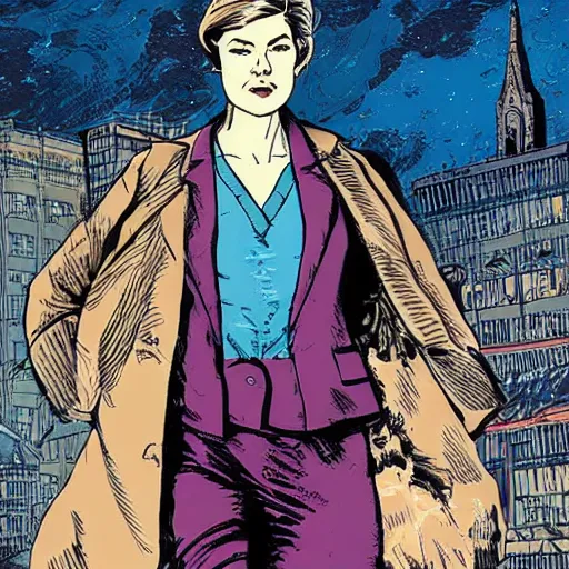 Image similar to rosamund pike with dark - hair as the doctor, wearing a colourful floral pattern three - piece suit, complementary colours, 2 d matte, graphic novel, art by laurie greasley and mike mignola,