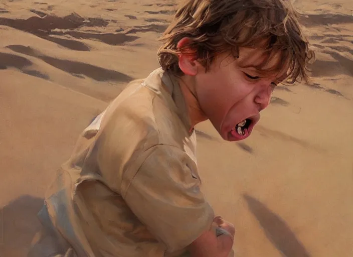 Prompt: a highly detailed beautiful portrait of anakin skywalker screaming and crying at sand, by gregory manchess, james gurney, james jean