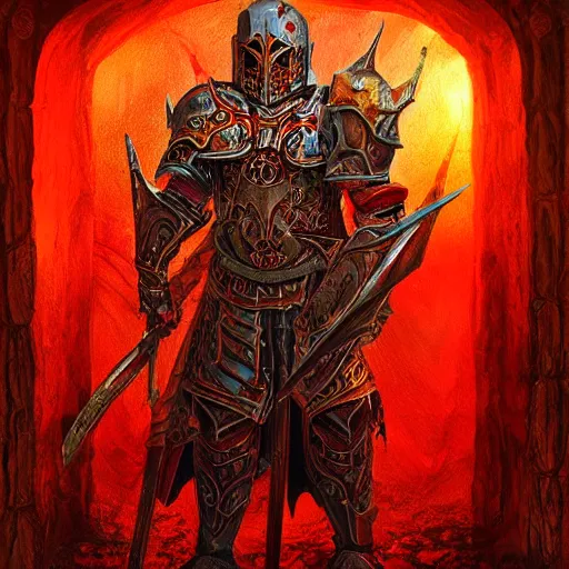 Image similar to blood paladin, fantasy art, located in a castle, legendary armor, red sunlight through the window, decorated, high quality, highly detailed,