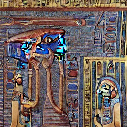 Prompt: the annunaki have returned to egypt with egyptian pharaoh head - dresses and breathing hoses that look like elephant trunks - alien - looking, futuristic, detailed, photo - realism