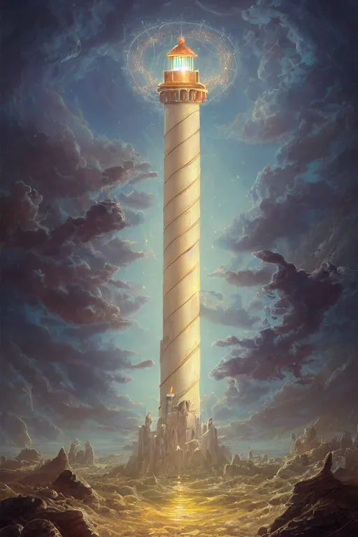 Prompt: Detailed Exterior Shot of Angelic Lighthouse of Alexandria, light of infinity, epic shafts, swarm of fireflies, magic atmosphere, in Style of Peter Mohrbacher, cinematic lighting