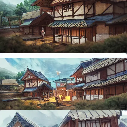 Prompt: concept art painting of an english european bakery building with japanese architecture, in a mountain village, cozy, realistic, detailed, cel shaded, in the style of makoto shinkai and greg rutkowski and james gurney