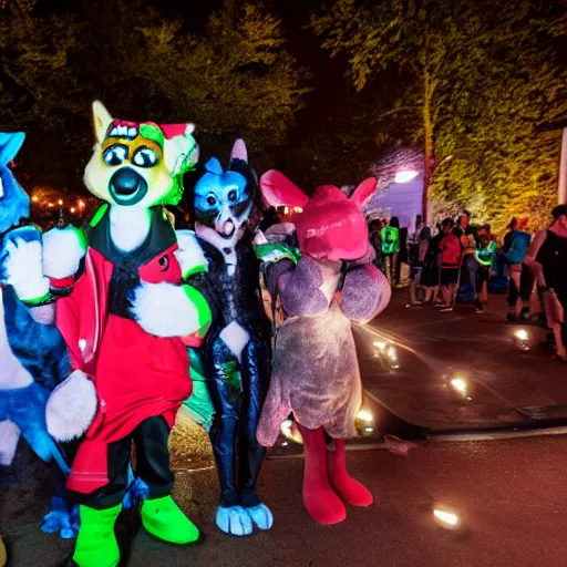 Image similar to photograph of a group or fursuiters at a furry convention in the city park at night, studio photography, f/1.8 cinematic lens