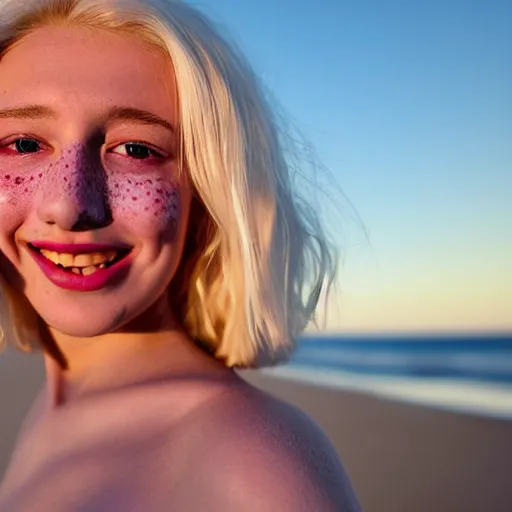 Image similar to beautiful hyperrealism hyperdetailed photograph of a cute thin young woman in love with you, smiling adoringly at the camera, platinum blonde hair, flushed face, blushing, big puffy lips, heart - shaped face, light freckles on cheeks and nose, 8 k, sharp focus, golden hour, beach setting