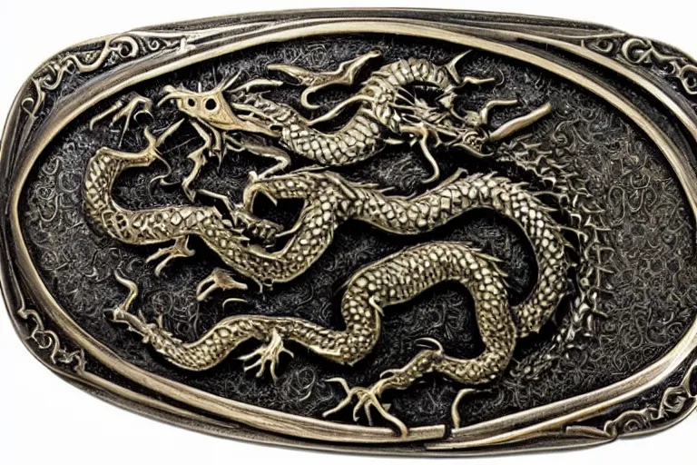 Prompt: belt buckle made of bronze, embossed dragon