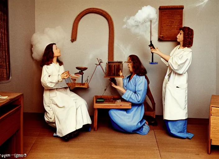 Image similar to realistic photo two medieval female scientists doing an experiment with a cloud and rainbow, living room interior is made of wood 1 9 9 0, life magazine reportage photo