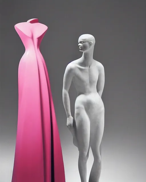 Image similar to a woman in a pink dress is posing for a photo, a marble sculpture by alexander mcqueen, featured on cg society, vorticism, genderless, androgynous, feminine