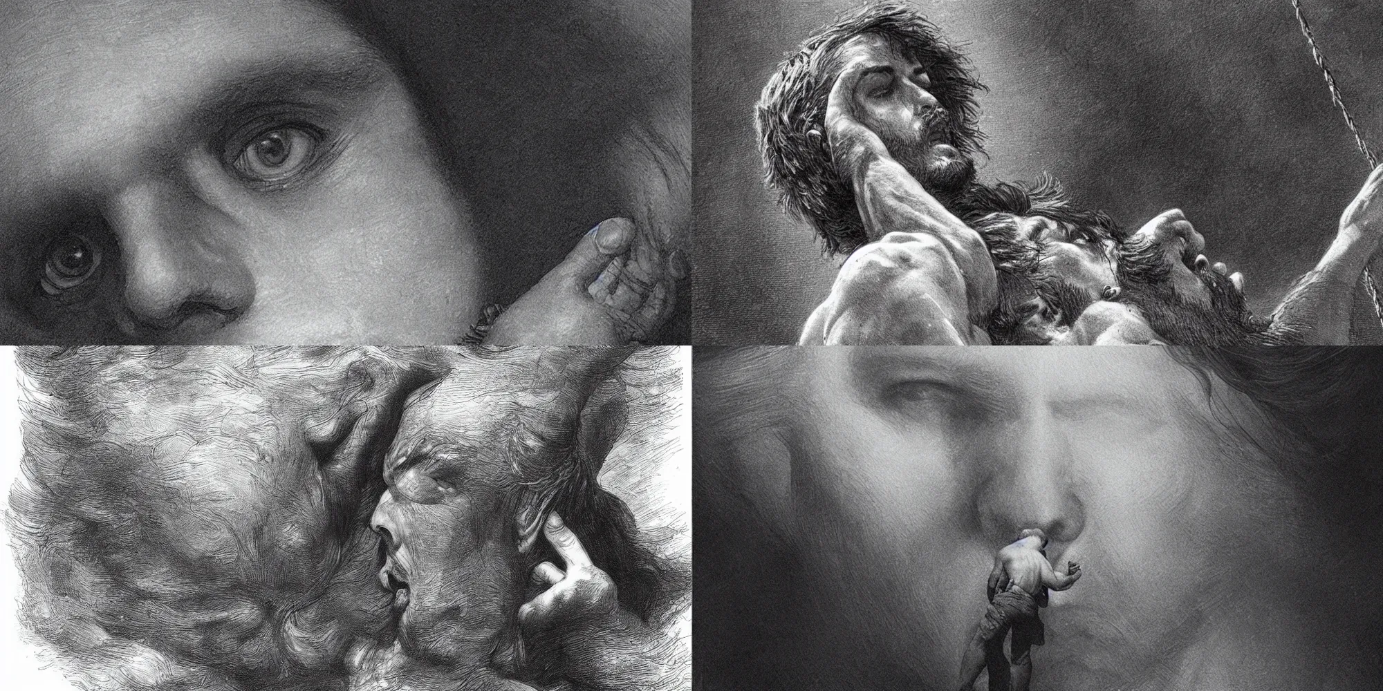 Prompt: Cinematic concept Art for film directed by Terrence Malick close up of man\'s face as he struggles to pull on rope, in the style of Gustave Doré