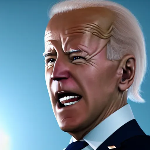 Image similar to joe biden as a super sayan at full power, photograph, 8 k, octane render, unreal 5, ultra detailed, rule of thirds, super sharp and crispy.