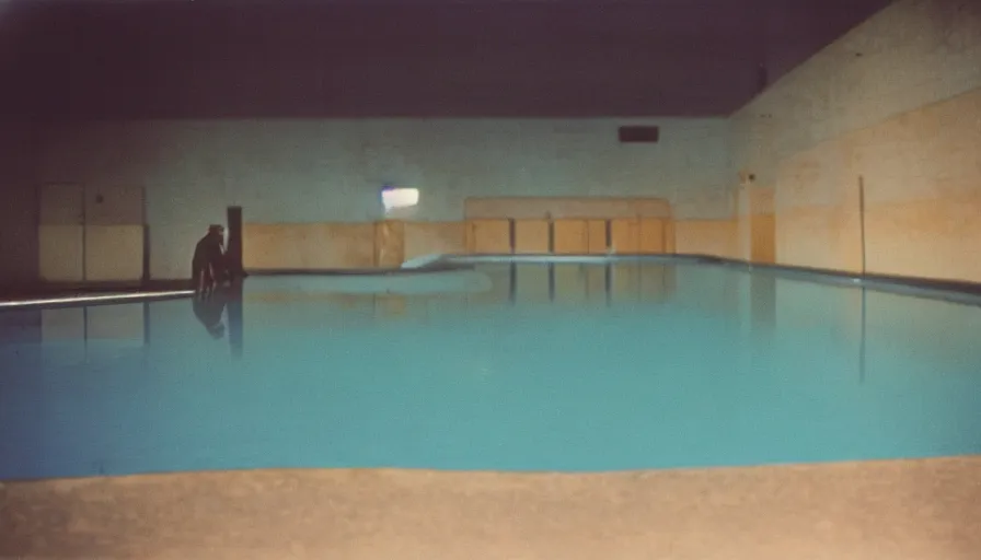 Image similar to 60s movie still of a sovietic stalinist style empty light blue pool ,cinestill 800t 50mm eastmancolor, liminal Space style, heavy grain-s 150