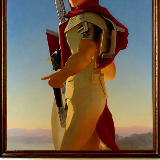 Image similar to Painting of Char Aznable. Art by william adolphe bouguereau. During golden hour. Extremely detailed. Beautiful. 4K. Award winning.