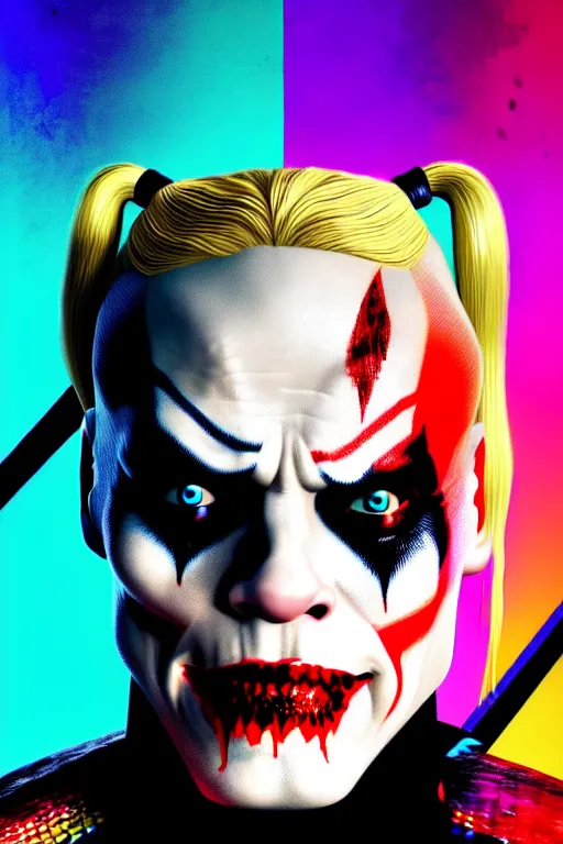 Image similar to portrait of williem dafoe as a harley quinn in suicide squad. intricate abstract. intricate artwork. by tooth wu, wlop, beeple, dan mumford. octane render, trending on artstation, greg rutkowski very coherent symmetrical artwork. cinematic, hyper realism, high detail, octane render, 8 k, iridescent accents