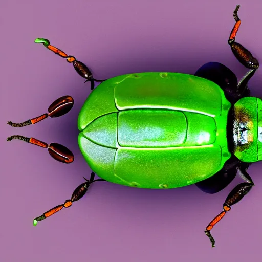 Image similar to green beetle with snail home, photorealistic, close - up