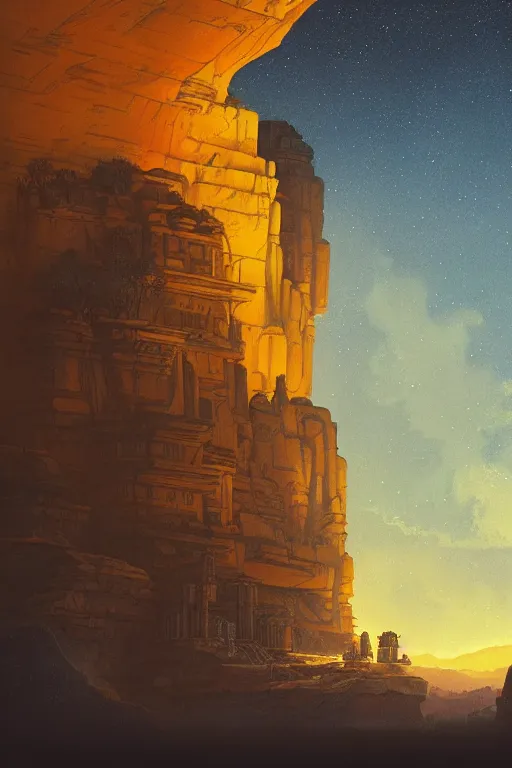 Image similar to ancient temple glowing yellow in a canyon, light streaks in night sky full of stars, dramatic lighting, artstation, matte painting, ralph mcquarrie, simon stalenhag