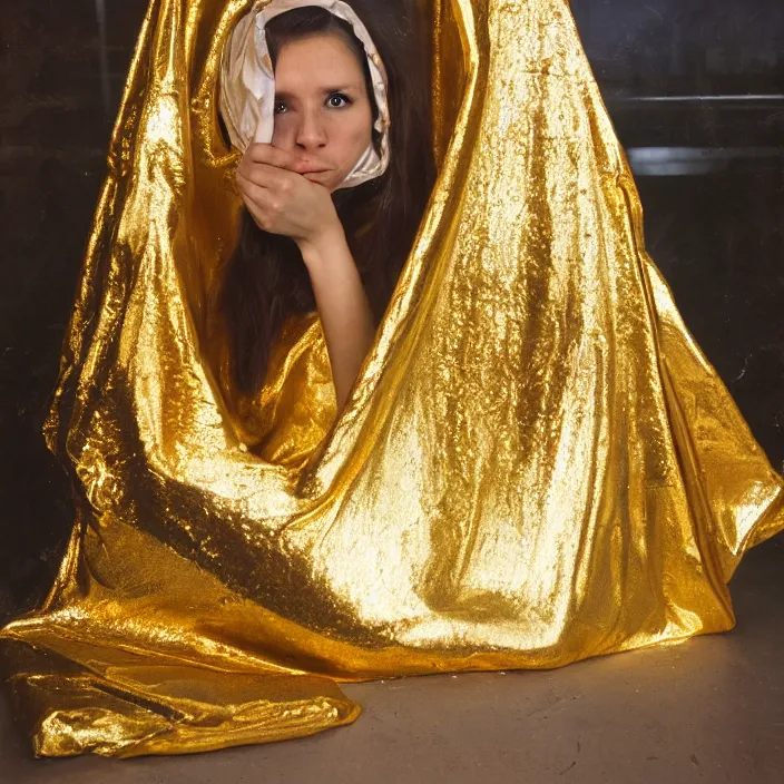 Image similar to a color photograph, closeup portrait of a woman wrapped in a gold mylar foil blanket, sitting in an abandoned coffee shop, color photograph, by vincent desiderio, canon eos c 3 0 0, ƒ 1. 8, 3 5 mm, 8 k, medium - format print