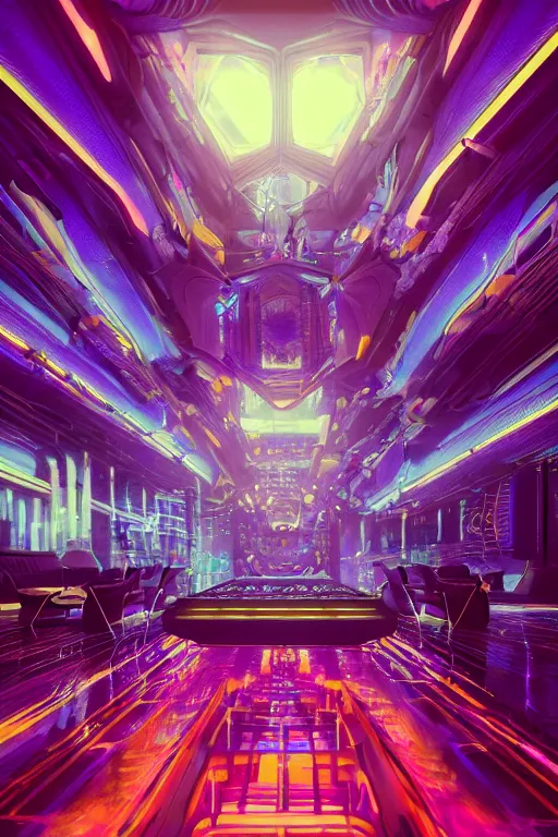 Image similar to a centered render of intricate modular synthesizer futuristic nightclub surrounded by ethereal lights and fractal geometry, cinematic, beautifully lit, by artgerm, by beeple, by karol bak, by donato giancola, by atelier olschinsky, 3 d, trending on artstation, octane render, 8 k