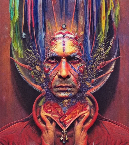 Image similar to Portrait painting in a style of Beksinski mixed with Alex Grey of an old shaman dressed in a colorful traditional clothes. Symmetry