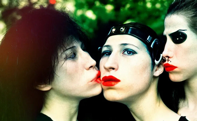 Image similar to cinestill 5 0 d photographic portrait by helen levitt of a kiss between two loving female cyborgs wearing black techwear in a retrofuturist garden, extreme closeup, modern cyberpunk, moody, 8 k, hd, high resolution, 3 5 mm, f / 3 2, ultra realistic faces, intricate detail, ex machina