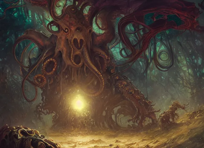 Prompt: my children bed with a giant cthulhu eyes in the night star forest by gaston bussiere, anna nikonova aka newmilky, greg rutkowski, yoji shinkawa, yoshitaka amano, donato giancola, geoffroy thoorens, trending on artstation, featured on pixiv, cinematic composition