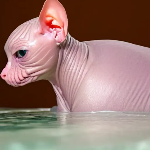 Image similar to a hairless sphynx cat swimming in a baby pool filled with milk