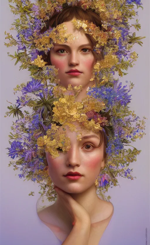 Image similar to a gold oil painting hyperrealism of a beautiful woman on a white background, flowers, painted by mucha, floral headdress, 8 k resolution, octane render, trending on artstation, volumetric light 2 blue fractal thunder glow by dan mumford, anaglyph effect, laurie lipton