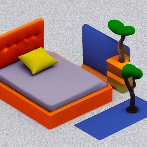 Image similar to a simple cute 3 d object of the bed, isometric game, isometric art, centralised, mohamed chahin, blender cycles render, solid colours material, no background and shadows