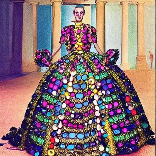 high fashion dress made of multicolor jewels and