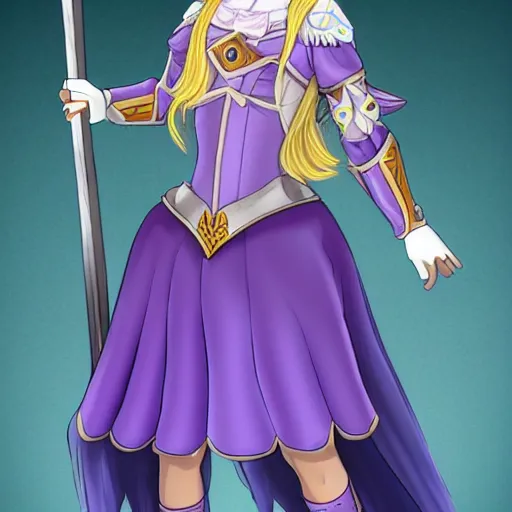 Image similar to Alicia is an honorable Princess Knights. She has straight blonde hair, purple eyes and platinum armor. Alicia has a tiny blue skirt that's mere decoration, and some brown leggings.