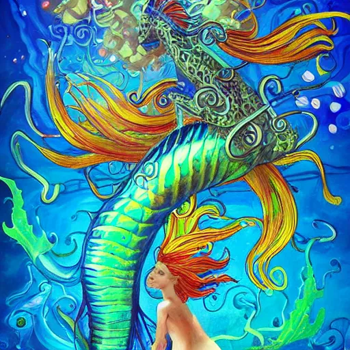 Image similar to merfolk riding seahorses, trending on artstation, colorful, intricate, art by aurore folny and ekaterina burmak