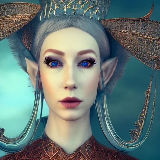 Image similar to queen of elves, 4 k, intricate, jaw dropping, gorgeous, surreal, octane render