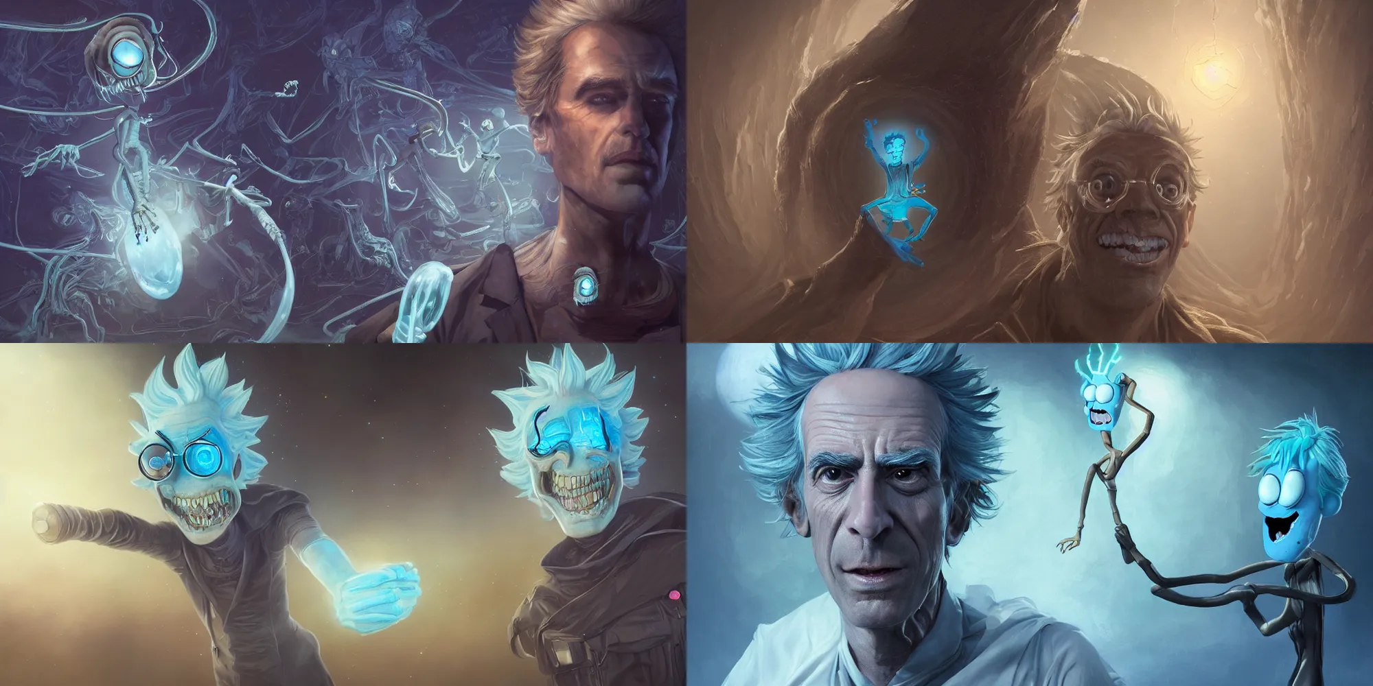 Prompt: realistic character concept of rick sanchez with lots of meeseeks, elegant pose, scifi, illustration, slender symmetrical face and body, artstation, cinematic lighting, hyperdetailed, cgsociety, 8 k, high resolution, adrian ghenie, tom bagshaw, insanely detailed and intricate, beautiful, elegant, golden ratio, dark fractal background, vfx, art deco, postprocessing