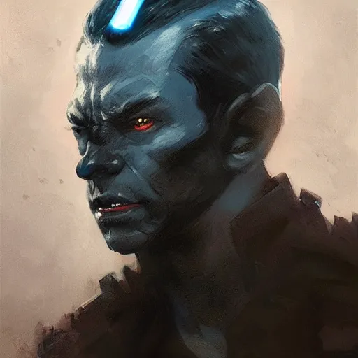 Image similar to A portrait of blue-skinned man, red eyes, black hair with widows peak, angry, dramatic lighting, star wars art, art by greg rutkowski, matte painting, trending on artstation