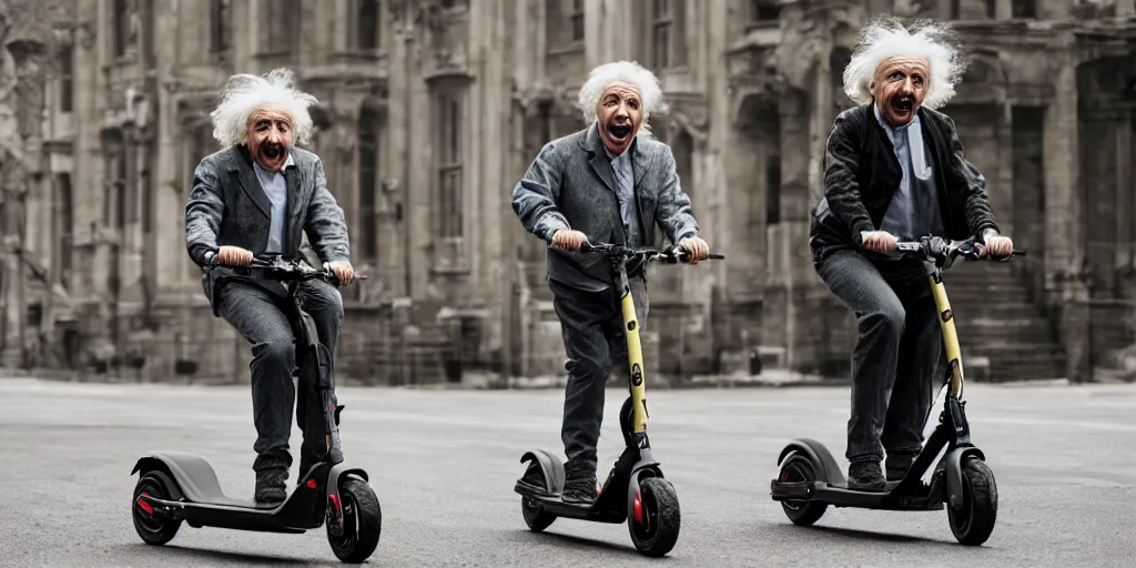 Prompt: Albert Einstein rides an electric scooter with his tongue out, moody, beautiful composition, hyper detailed, insane details 8K