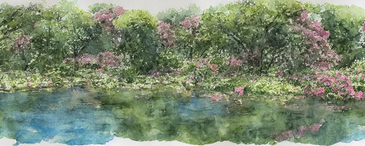 Image similar to isomeric view, delicate lake in a botanic garden, stony road, on a botanical herbarium paper, watercolor colored painting, iridescent colors, 8 k, realistic shaded, fine details, artstation, italian style, colonnade, vines, flowers, gardena architecture, pompeii