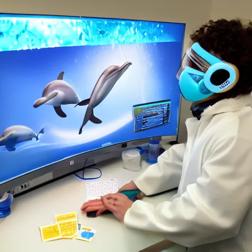 Image similar to A chemist wearing a dolphin outfit playing games on a computer