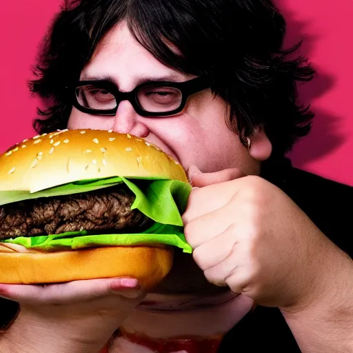 Image similar to andy milonakis eating a burger, 4 k, ultra high detail, photorealistic