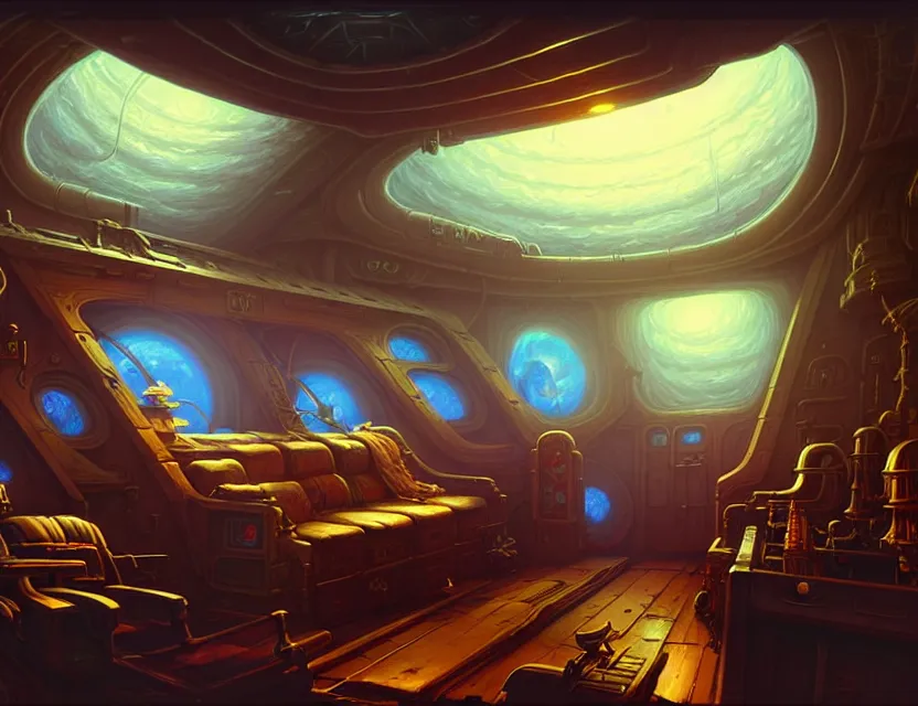 Image similar to interior view in the captain's cabin of a flying ship, d & d spelljammer fantasy art, artstation contest winner, beautiful digital painting in the style of dan mumford, art by kev chan, volumetric lighting, concept art, speedpainting, fantasypunk, deep colors, cgsociety, by gerald brom, by ruan jia, dehazed