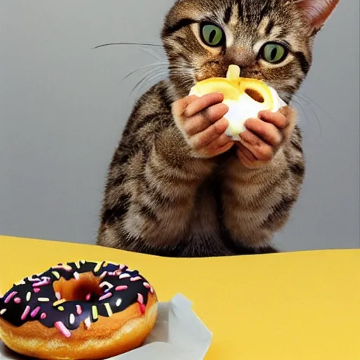 Prompt: a cute cat eating a donut and banana, detailed, realistic