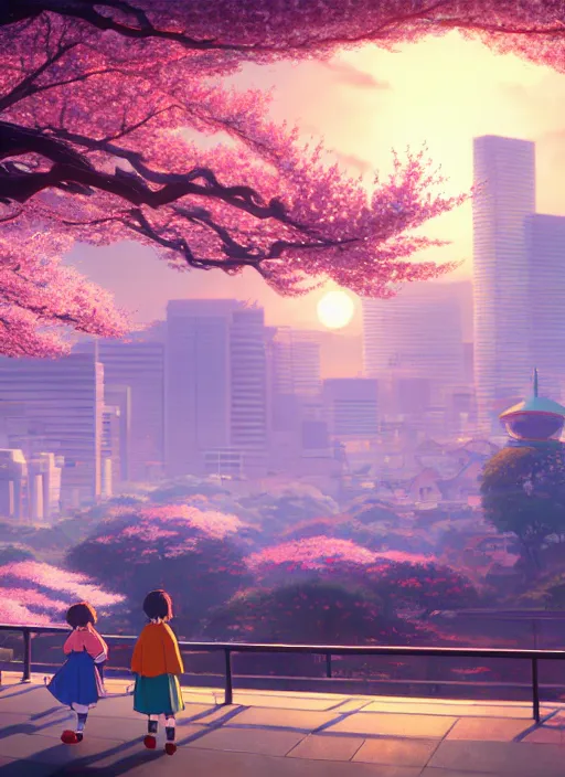 Image similar to a wholesome animation key shot, tokyo city in the background, cherry blossoms in the foreground, studio ghibli, pixar and disney animation, sharp, rendered in unreal engine 5, anime key art by greg rutkowski, bloom, dramatic lighting