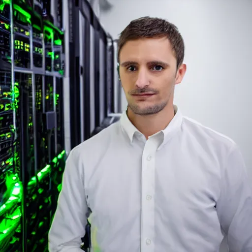 Prompt: man standing in Computer server room on fire with green eyes 8k resolution stunning