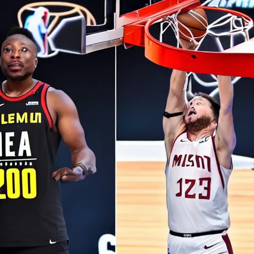 Image similar to elon musk slam dunks in the 2 0 1 9 nba slam dunking contest