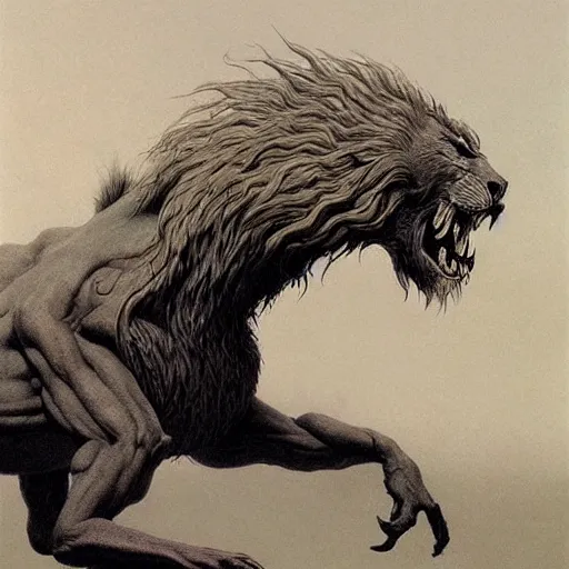 Image similar to griffon concept art, lion body, beksinski, wayne barlowe