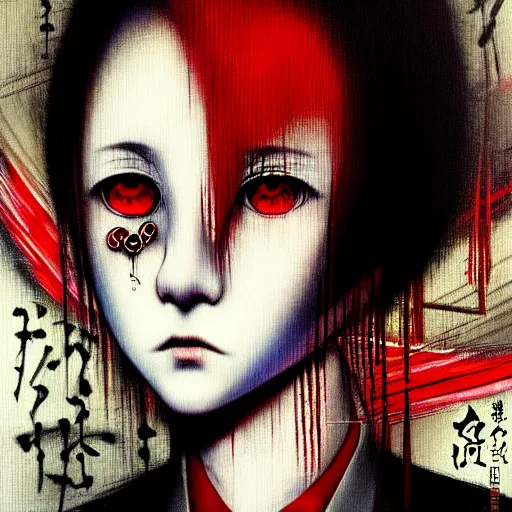 Image similar to yoshitaka amano blurred and dreamy realistic three quarter angle horror portrait of a sinister young woman with short hair, big earrings and red eyes wearing office suit with tie, junji ito abstract patterns in the background, satoshi kon anime, noisy film grain effect, highly detailed, renaissance oil painting, weird portrait angle, blurred lost edges