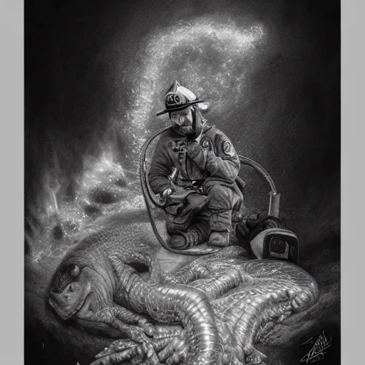 Prompt: a portrait of a perch as a firefighter - by tony diterlizzi, ilford hp 5, 5 5 mm, hyper realistic, super detailed by artgerm, tomasz alen kopera, peter mohrbacher, hyper - goth, horror - core, joseph christian leyendecker and h. r