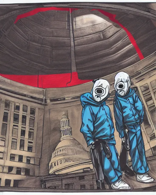 Prompt: manga color drawing of two hooded kids with gas masks hanging in ropes paint a giant anarchist graffiti on the dome of the capitol building, epic photography, dystopin future , 8k