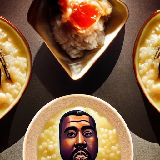 Prompt: a face of kanye west made of congee, congee chinese food photography