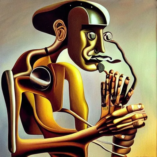 Image similar to half man half robot Salvadore Dali twirling his mustache while painting