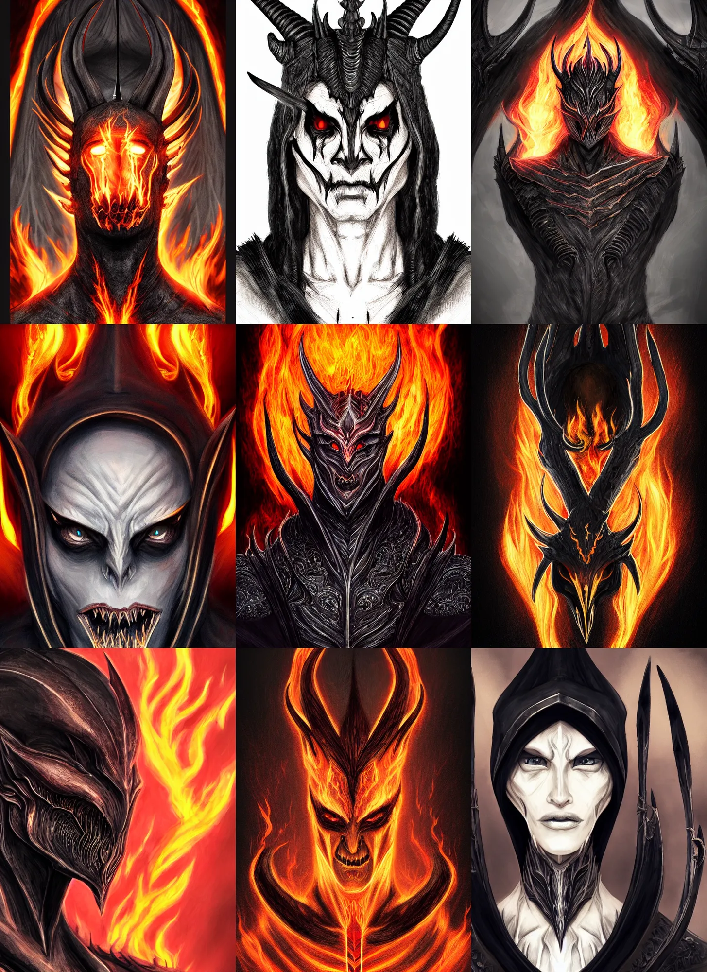 Prompt: black skinny corpse portrait horns, flaming, balrog, sauron, pharaoh clothes, intricate, dark, highly detailed, artstation, sharp focus