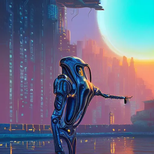 Image similar to aquatic alien in mechanical exoskeleton designed by jony ive in cybercity, golden hour, poster by michael whelan and gilbert williams and evgeny lushpin and artgerm and alena aenami, 3 0 mm, well proportioned, highly detailed, rule of thirds, long exposure