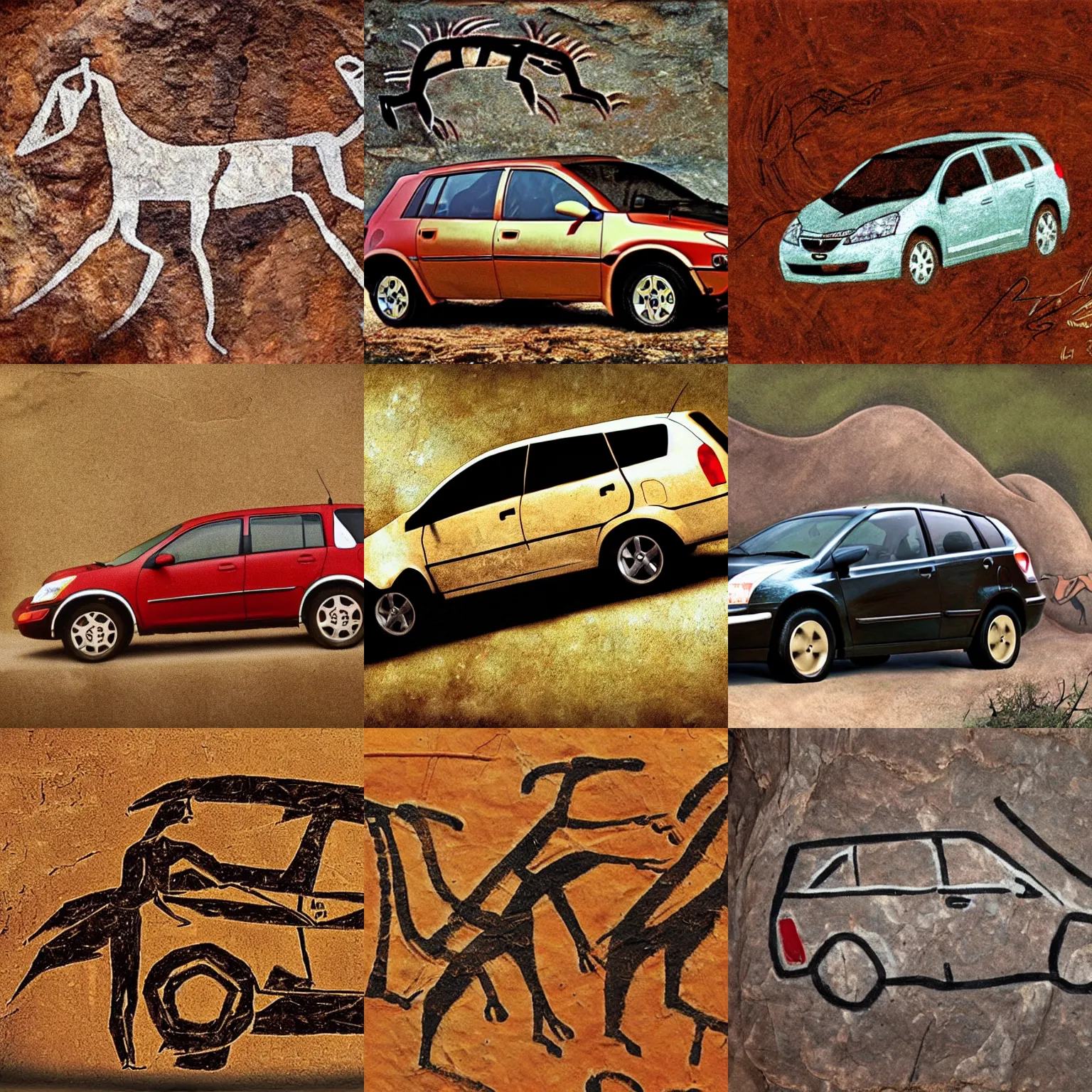 Prompt: prehistoric cave painting of a Pontiac vibe